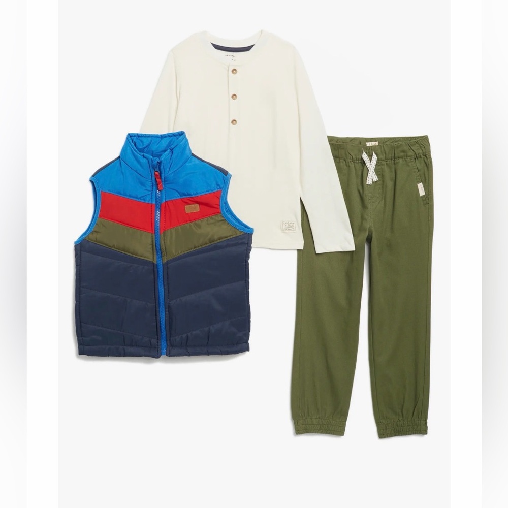 New kids Colorblock Puffer Vest Set with Cream Henley & Olive Joggers 3 pieces